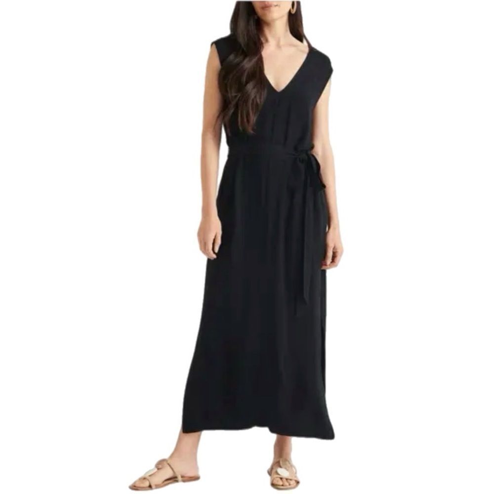 Splendid Evian Jersey Knit V-Neck Maxi Dress Women's Tie Waist Pockets - Picture 7 of 7